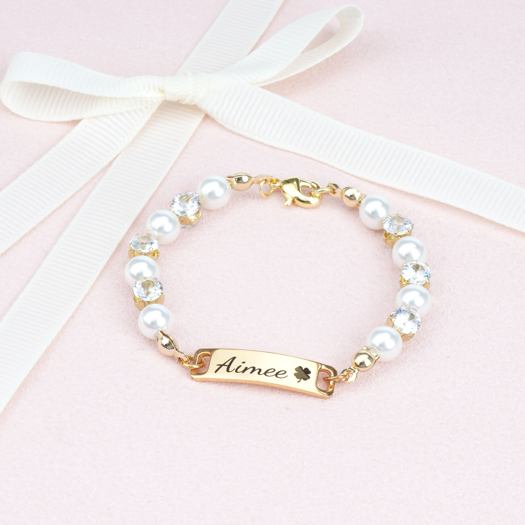 Personalized Kids Pearl & CZ Nameplate Bracelet