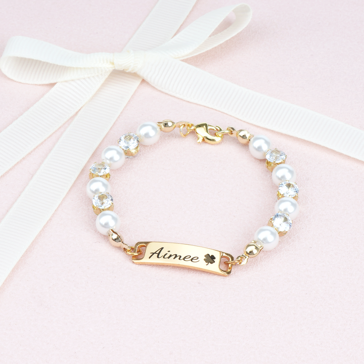 Personalized Kids Pearl & CZ Nameplate Bracelet