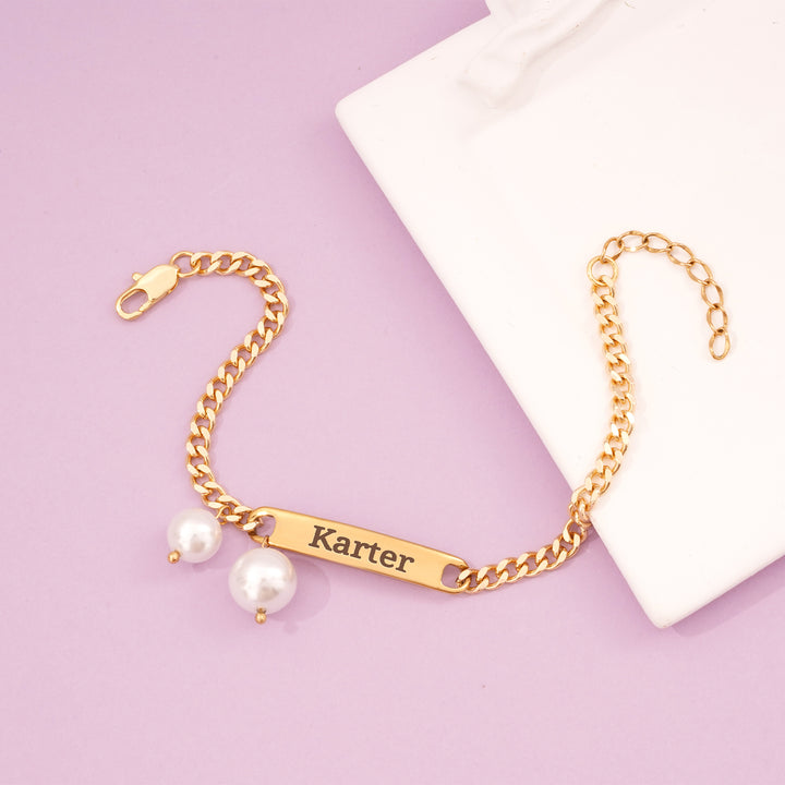 Engravable Name Children‘s Bracelet with Two Pearl Charms