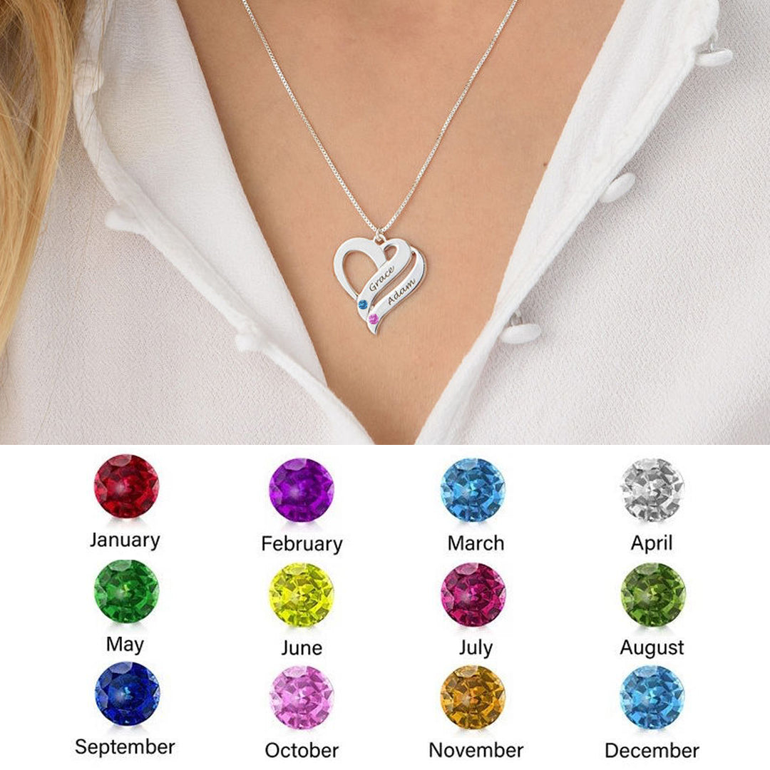Double Heart Personalized Name and Birthstone Necklace