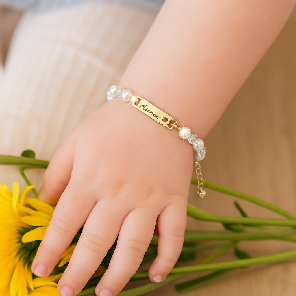 Personalized Kids Pearl & CZ Nameplate Bracelet