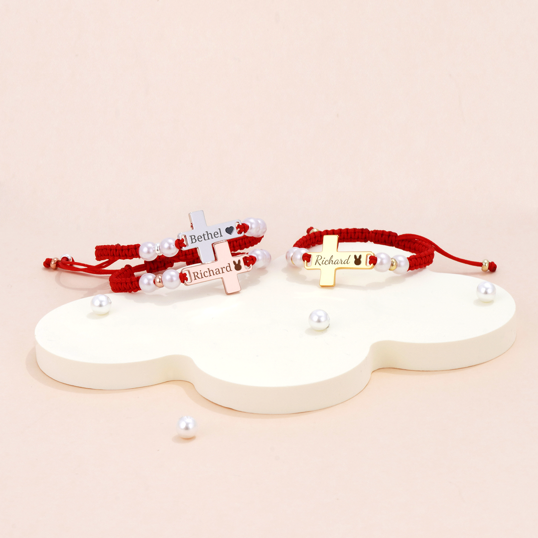 Hand Braided Red Rope Personalized Baby Name Cross Bracelet