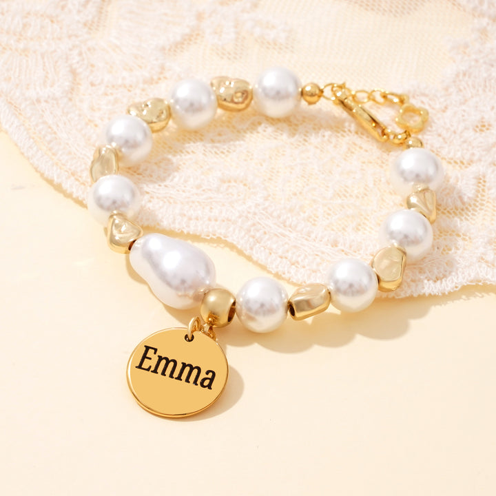 Baroque Pearl Engraved Name Disc Charm Girls Bracelet