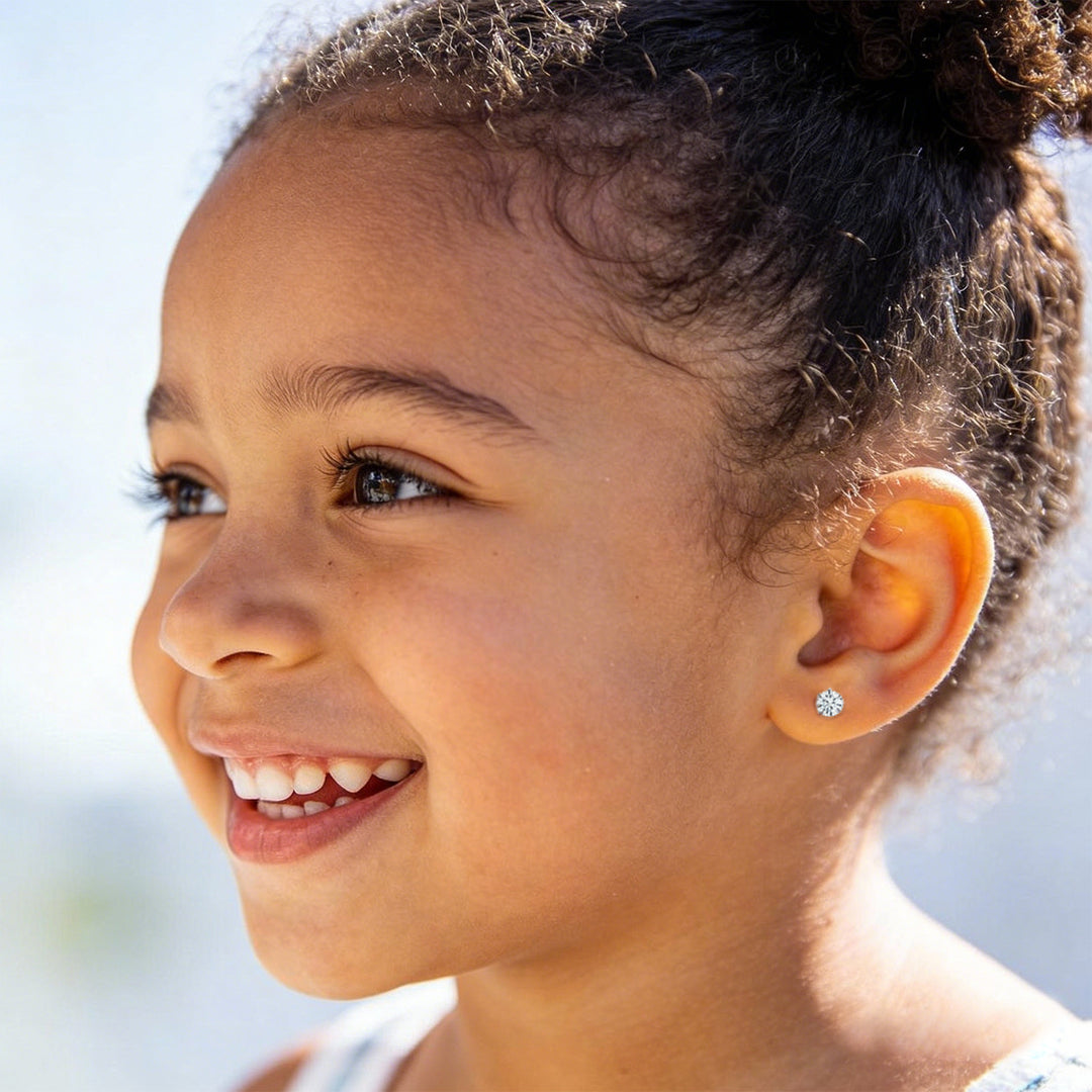 Classic Setting CZ Sterling Silver Girls' Stud Earrings