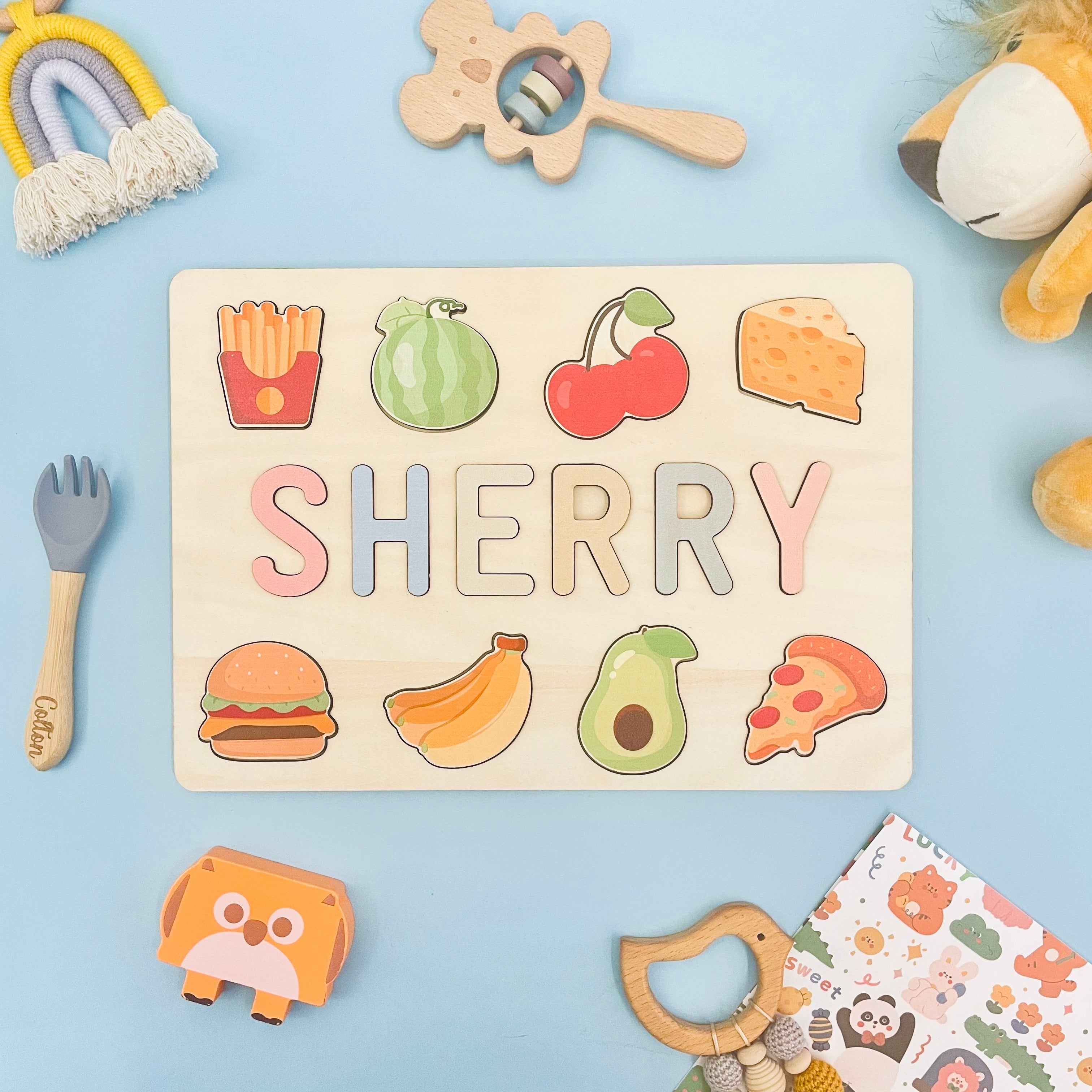 Custom Wooden Baby Name Puzzle with Food