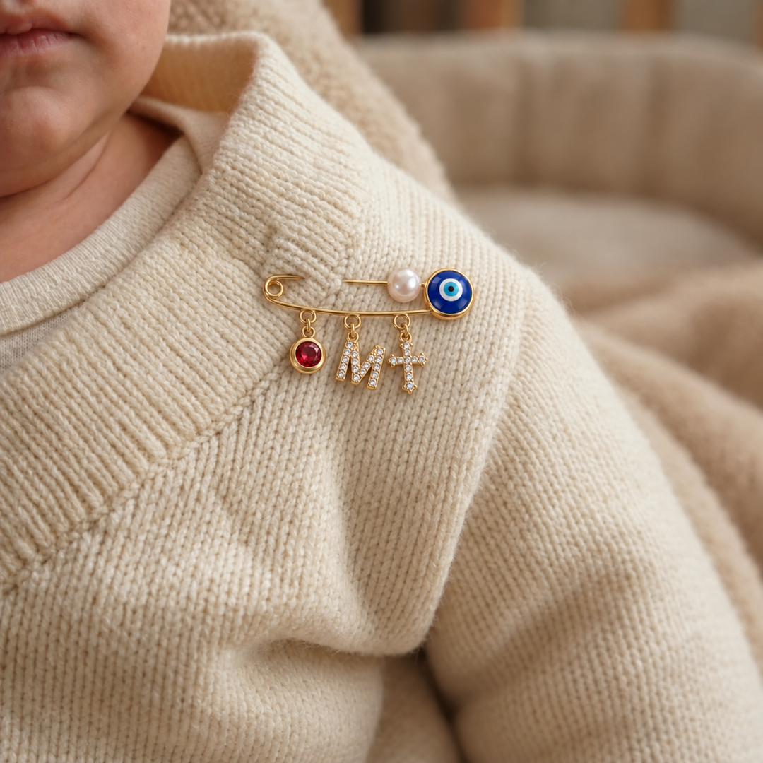 Personalized Baby Initial and Birthstone Evil Eye Brooch