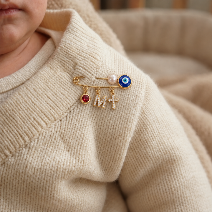 Personalized Baby Initial and Birthstone Evil Eye Brooch