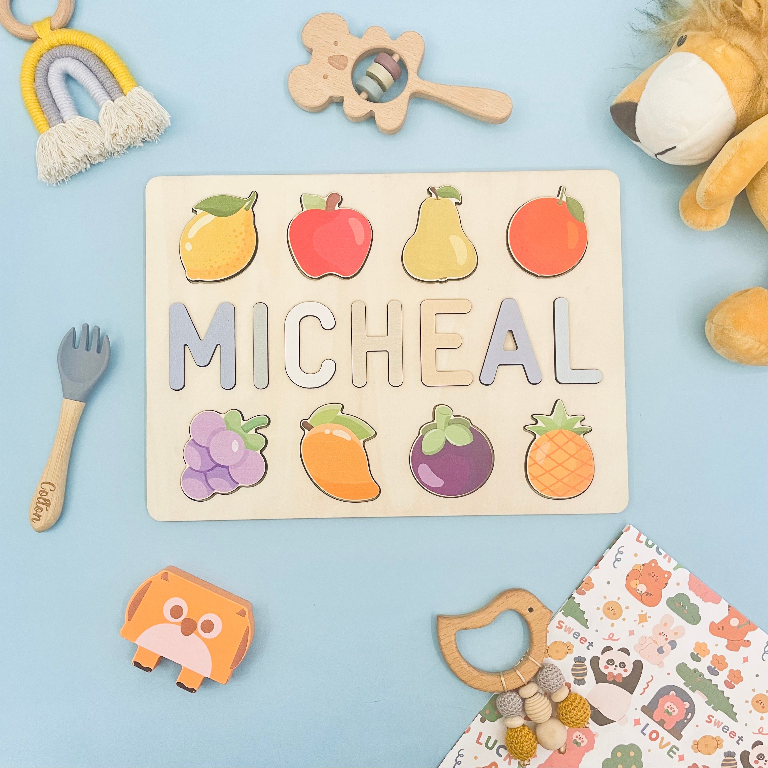 Custom Wooden Baby Name Puzzle with Food