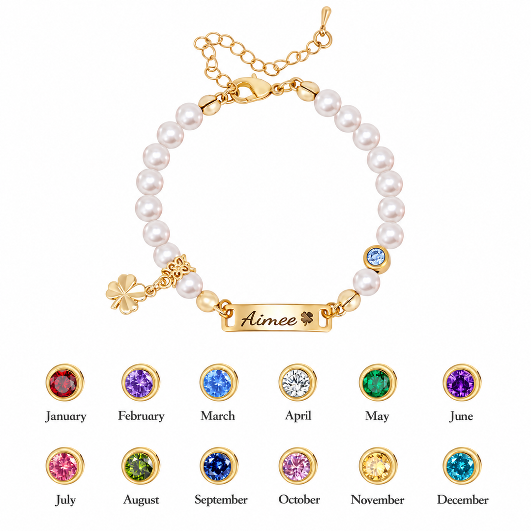 Bracelet personnalisé avec nom et pierre de naissance pour bébé en perles et trèfle à quatre feuilles 