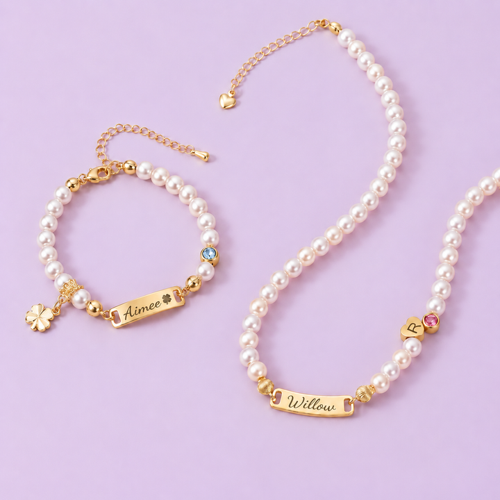 Vierblättriges Kleeblatt Personalisiertes Perlenarmband mit Babynamen und Geburtsstein 