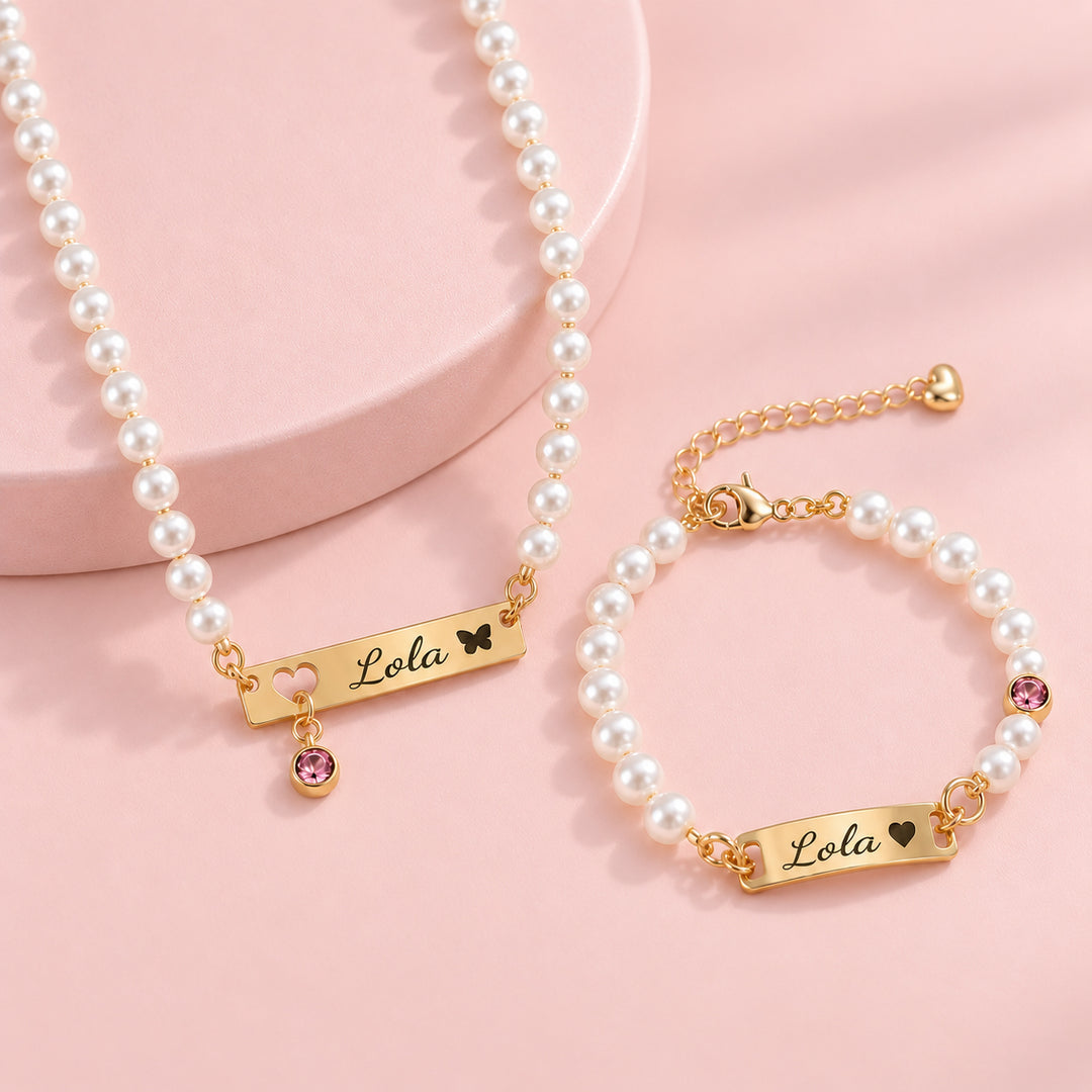 Personalisiertes Perlenarmband mit Babynamen und Geburtsstein