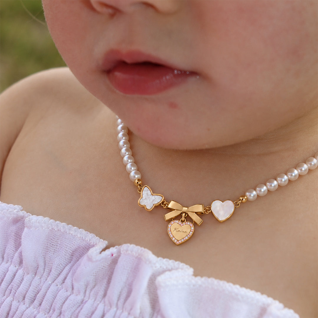 Girls’ Personalized Bow and Heart Pearl Name Necklace