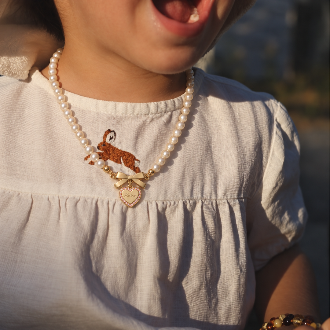 Girls’ Personalized Bow and Heart Pearl Name Necklace