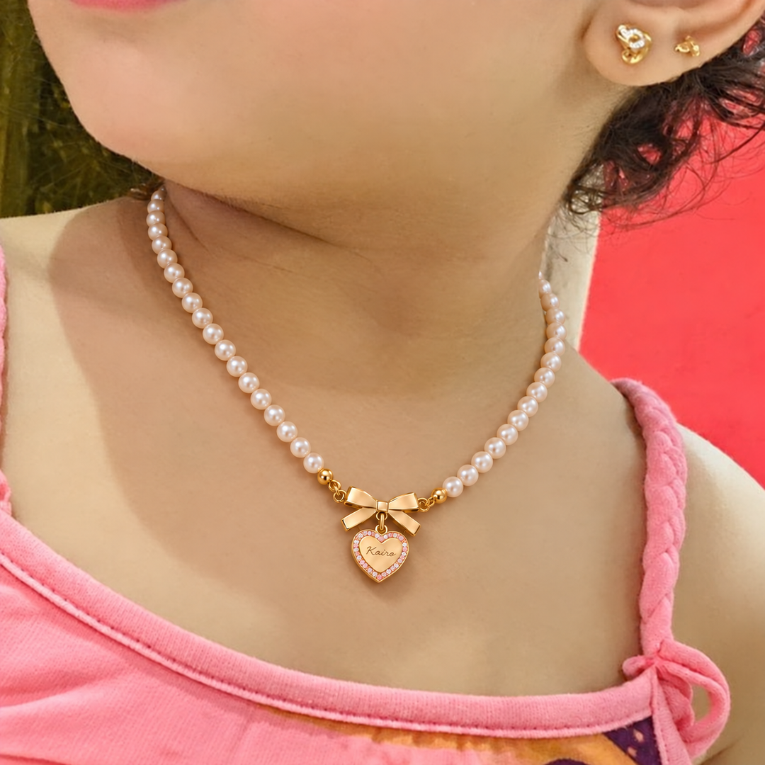 Girls’ Personalized Bow and Heart Pearl Name Necklace