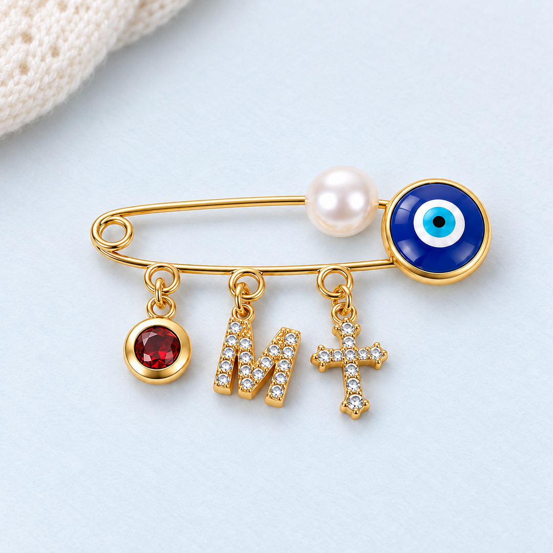 Personalized Baby Initial and Birthstone Evil Eye Brooch