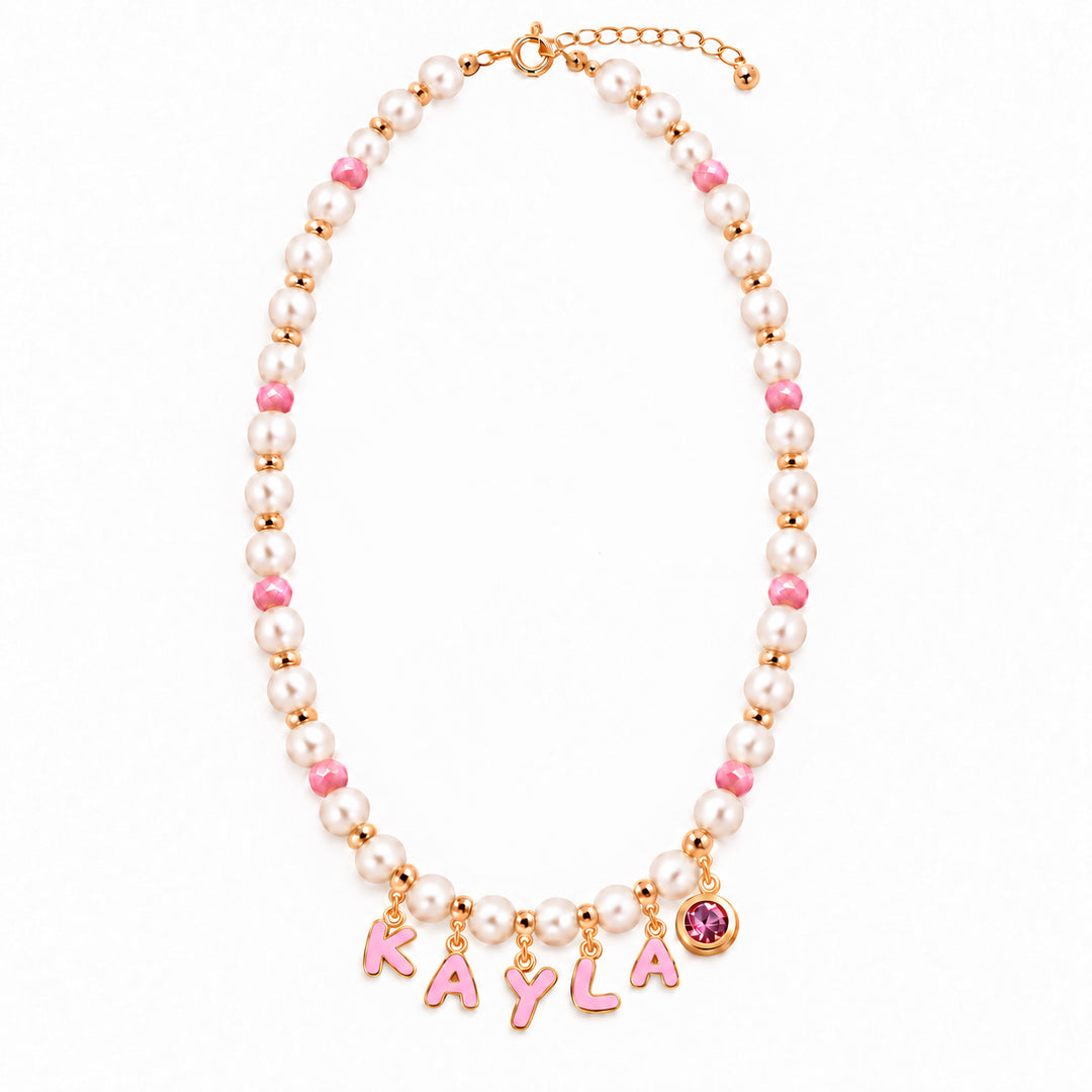 Personalized Pearl Name Necklace with Pink Letter Charms for Girls