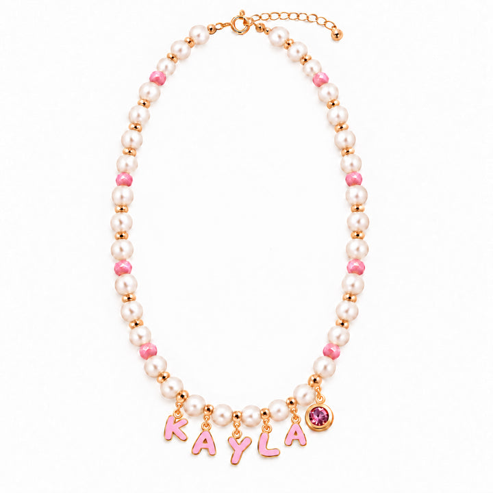 Personalized Pearl Name Necklace with Pink Letter Charms for Girls