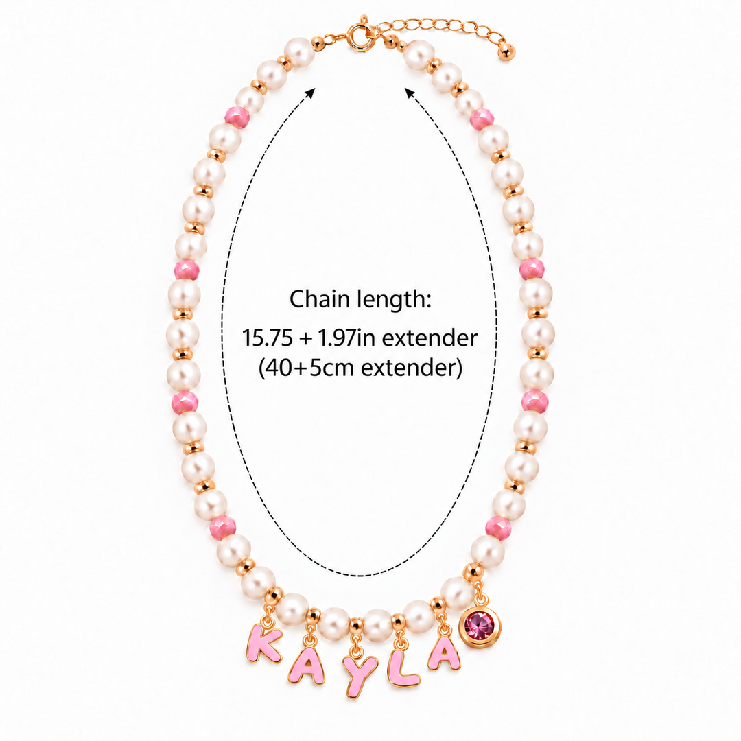 Personalized Pearl Name Necklace with Pink Letter Charms for Girls