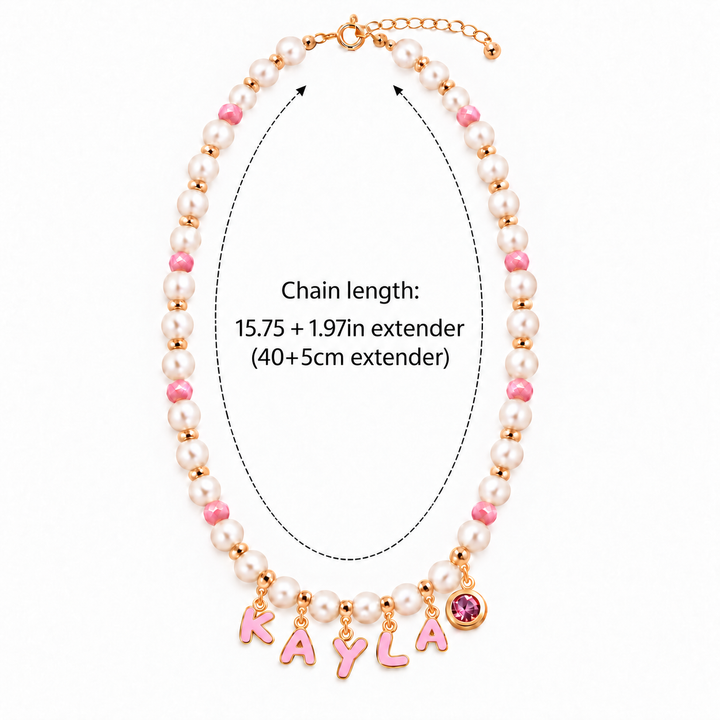 Personalized Pearl Name Necklace with Pink Letter Charms for Girls