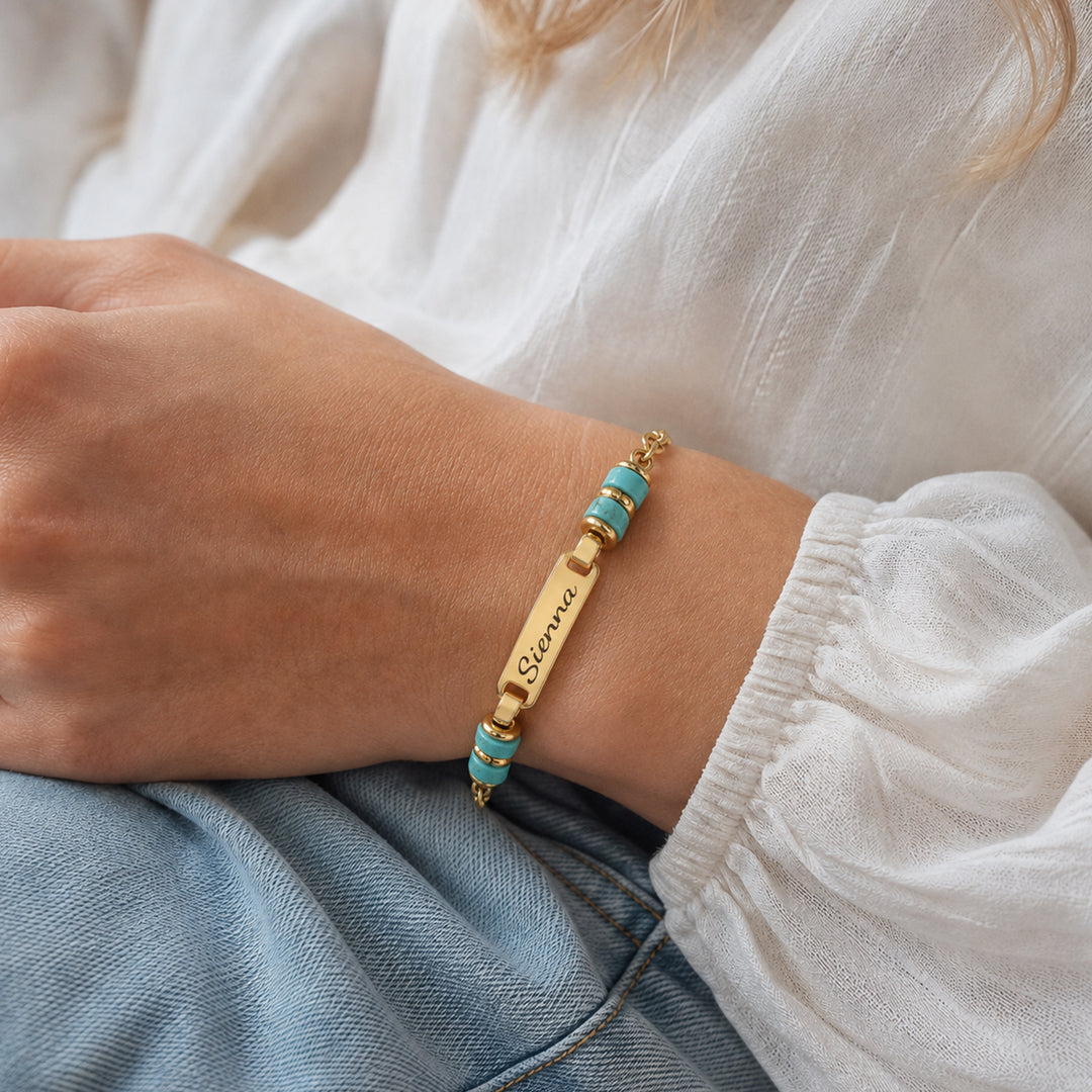 Bracelet personnalisé avec nom de bébé et pierre de naissance 