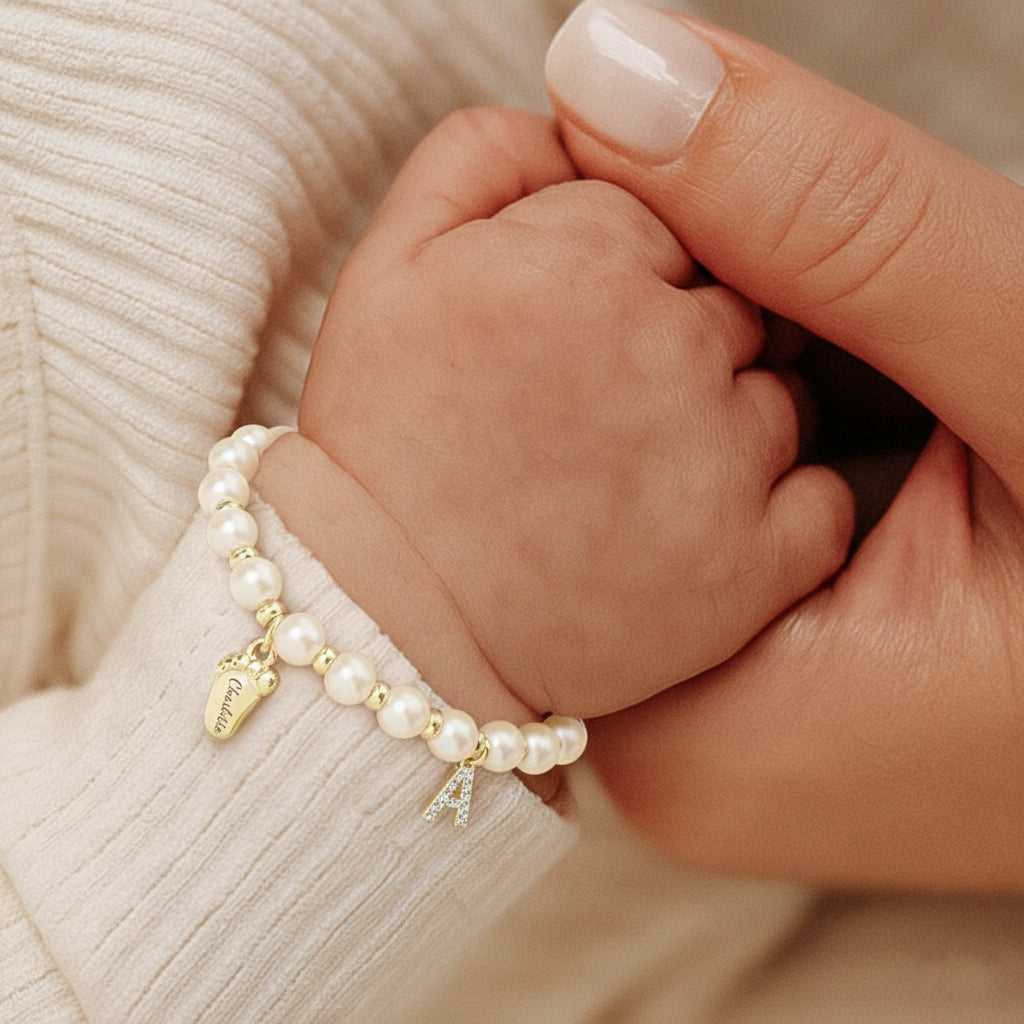 Baby Keepsake Pearl Bracelet with Name Foot and Initial Charm