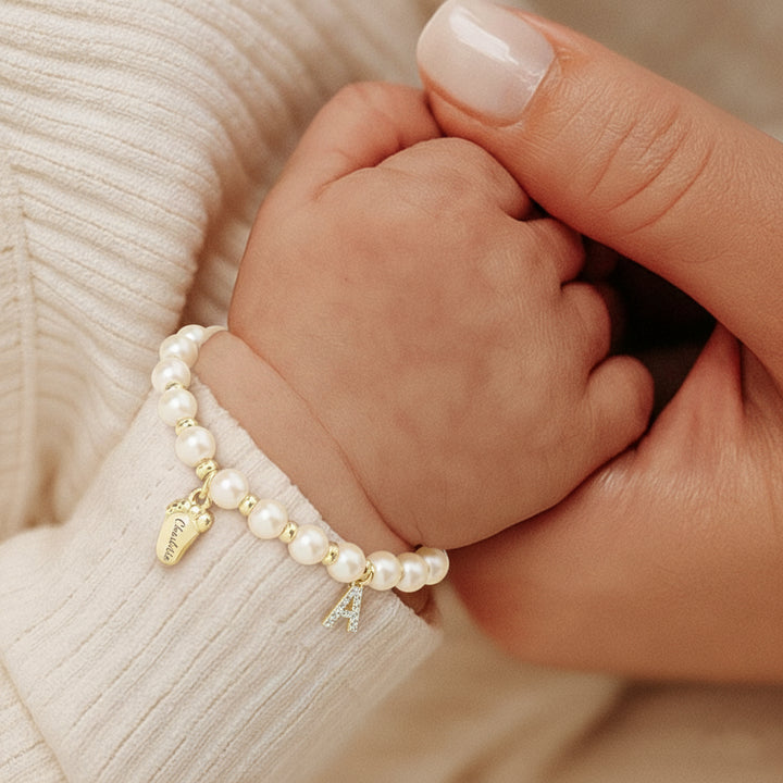 Baby Keepsake Pearl Bracelet with Name Foot and Initial Charm