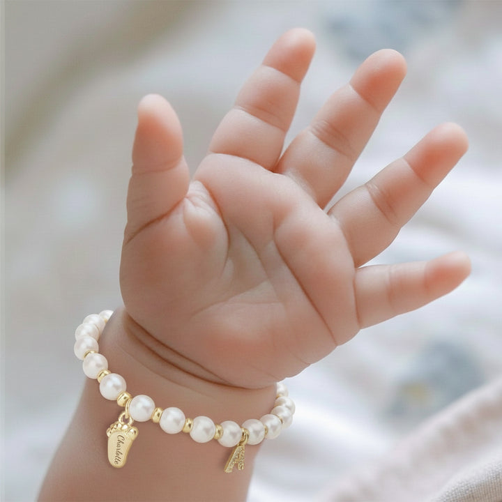 Baby Keepsake Pearl Bracelet with Name Foot and Initial Charm