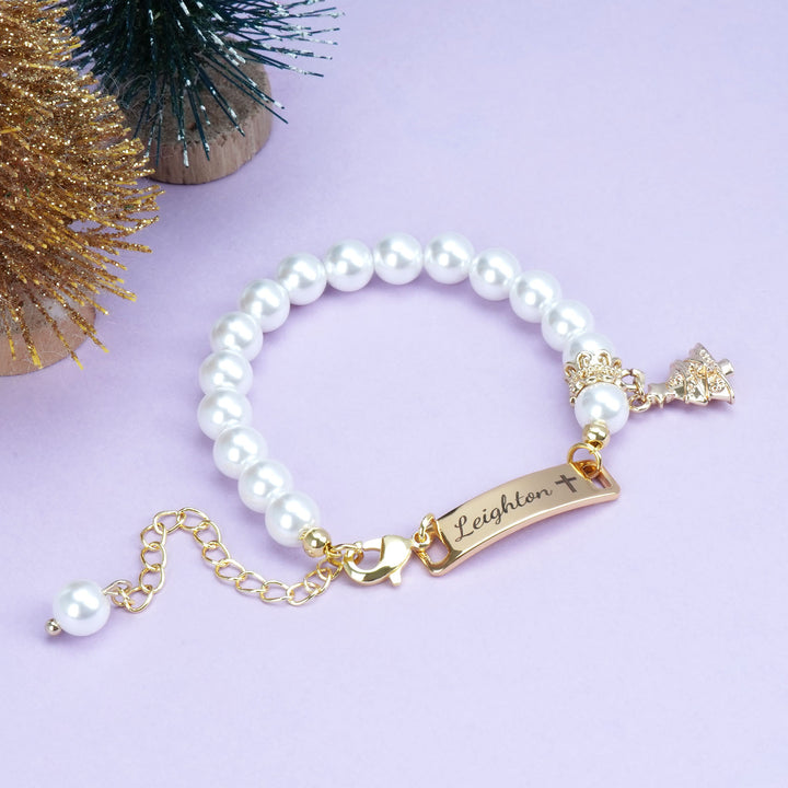 Personalised Kids Pearl Name Bracelet – Christmas Tree Charm, Adjustable