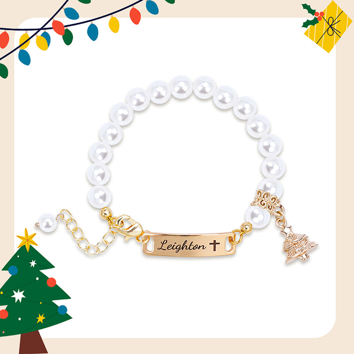 Personalised Kids Pearl Name Bracelet – Christmas Tree Charm, Adjustable