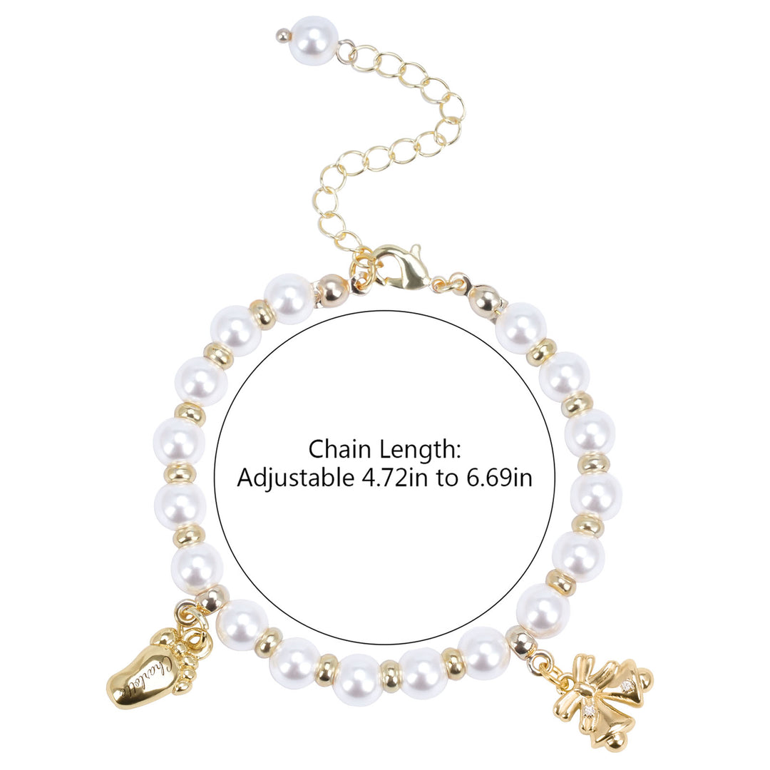 Baby’s First Christmas Pearl Name Bracelet – Footprint Charm & Bell