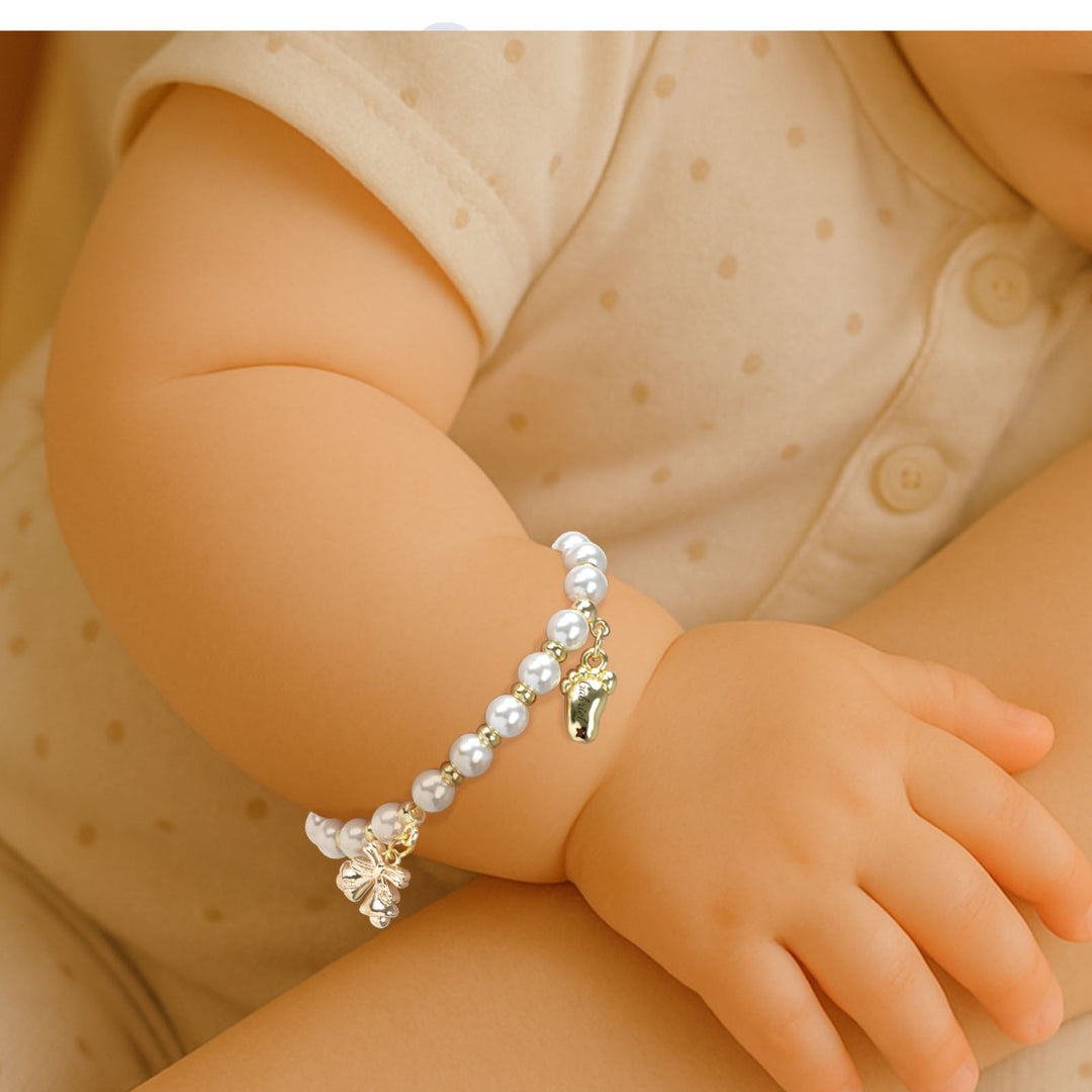 Baby’s First Christmas Pearl Name Bracelet – Footprint Charm & Bell