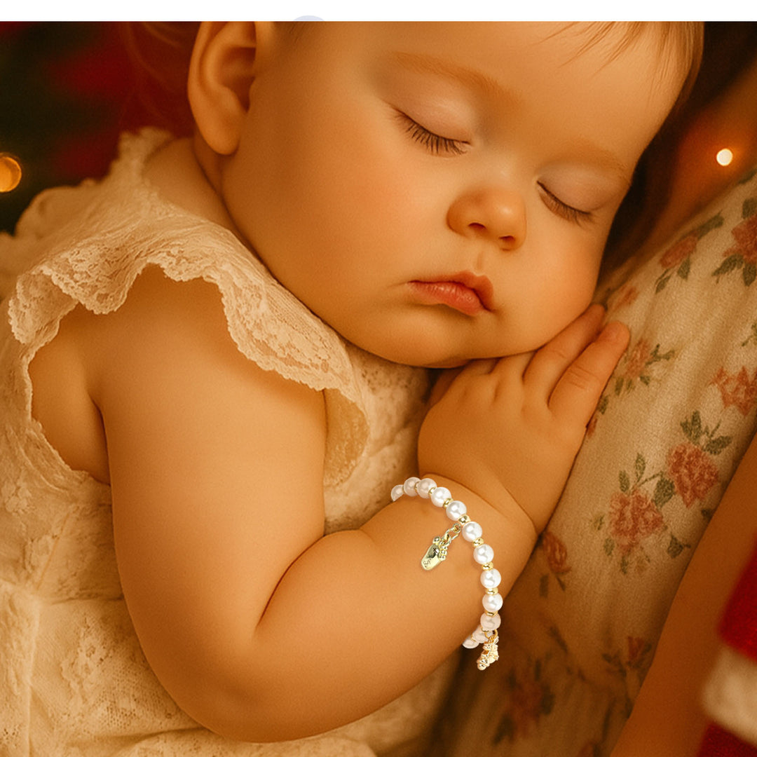 Baby’s First Christmas Pearl Name Bracelet – Footprint Charm & Bell