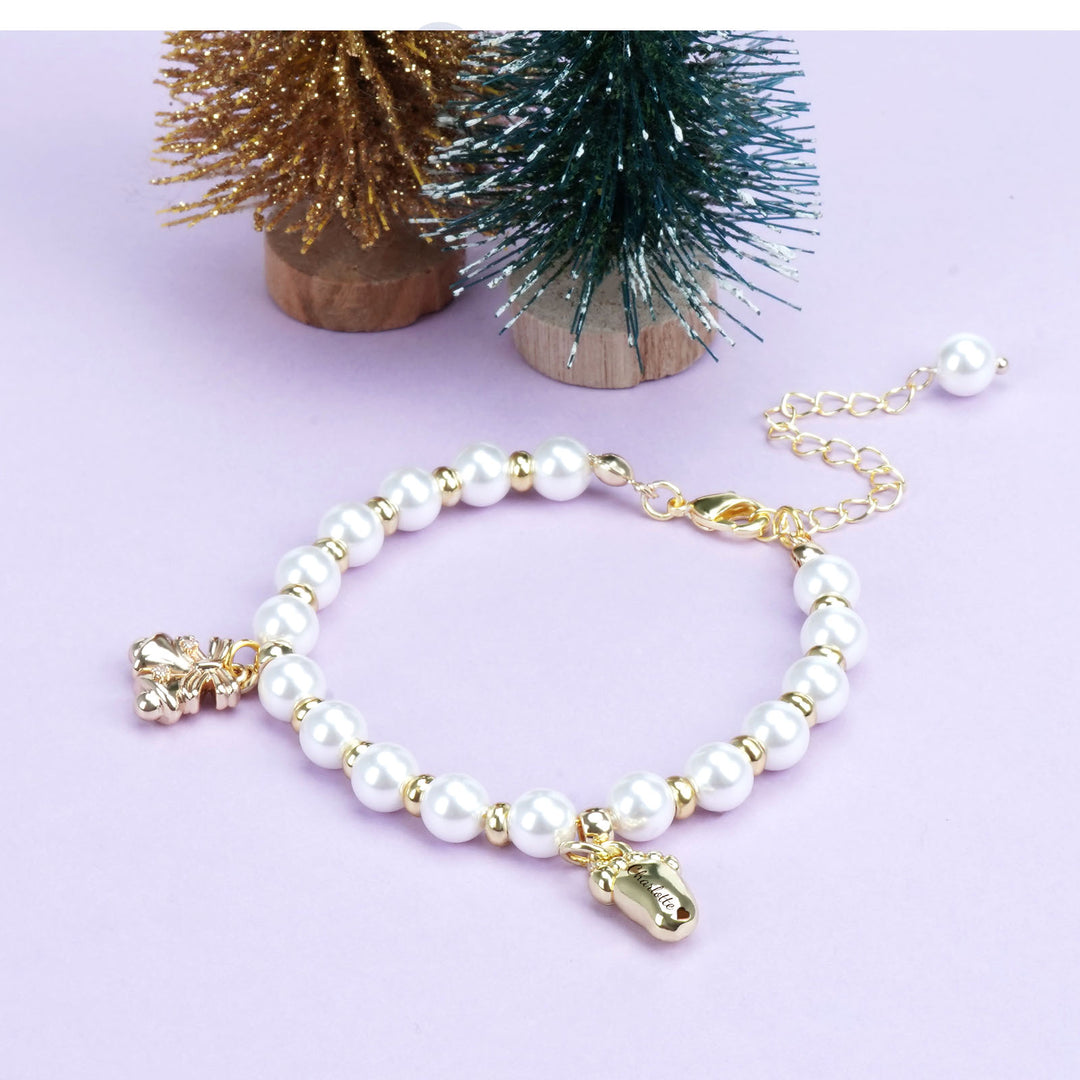 Baby’s First Christmas Pearl Name Bracelet – Footprint Charm & Bell