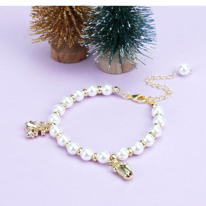 Baby’s First Christmas Pearl Name Bracelet – Footprint Charm & Bell