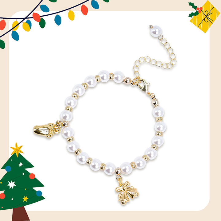 Baby’s First Christmas Pearl Name Bracelet – Footprint Charm & Bell