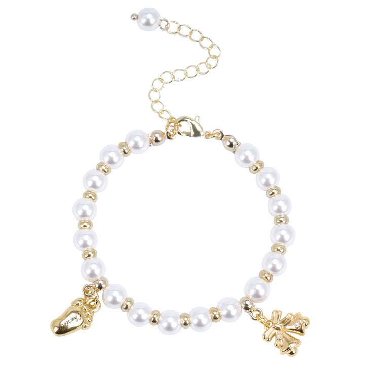 Baby’s First Christmas Pearl Name Bracelet – Footprint Charm & Bell