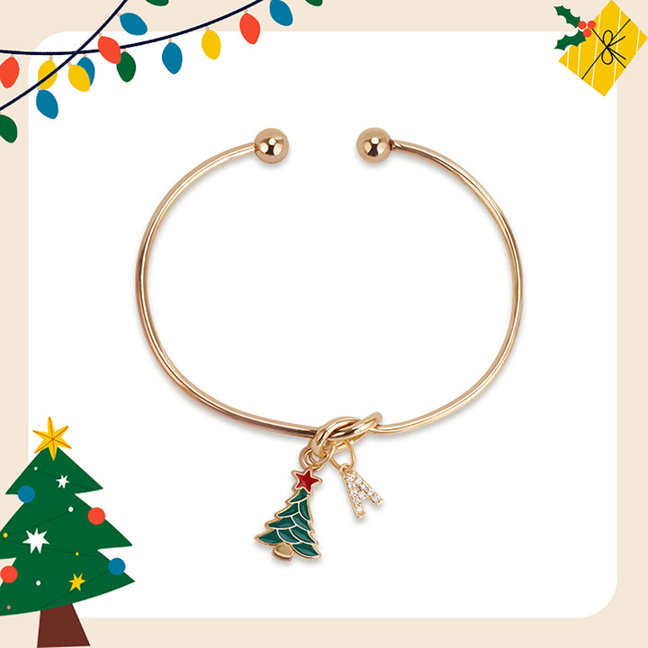 Kids Christmas Tree & Initial Charm Bangle