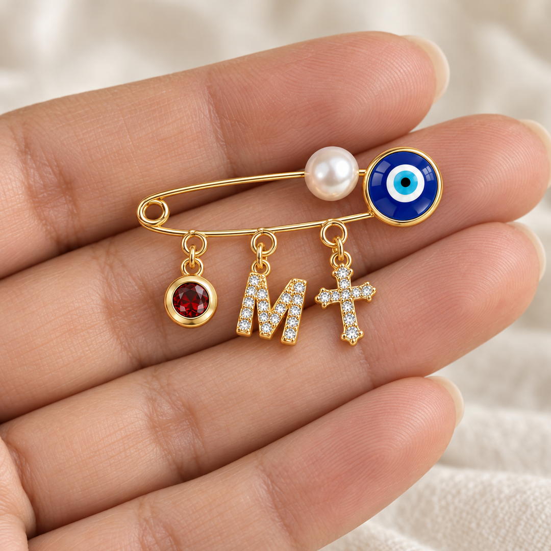 Personalized Baby Initial and Birthstone Evil Eye Brooch