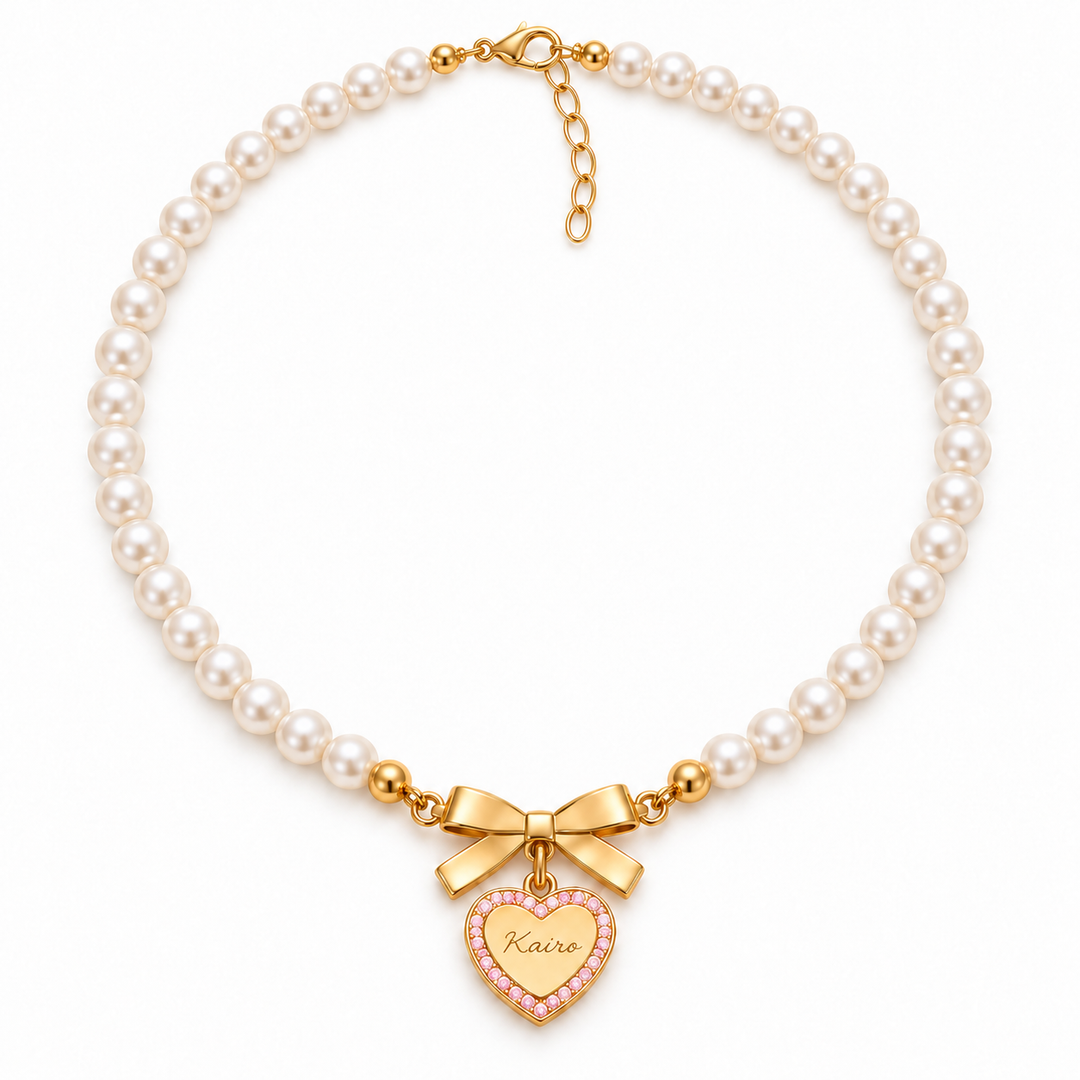 Girls’ Personalized Bow and Heart Pearl Name Necklace
