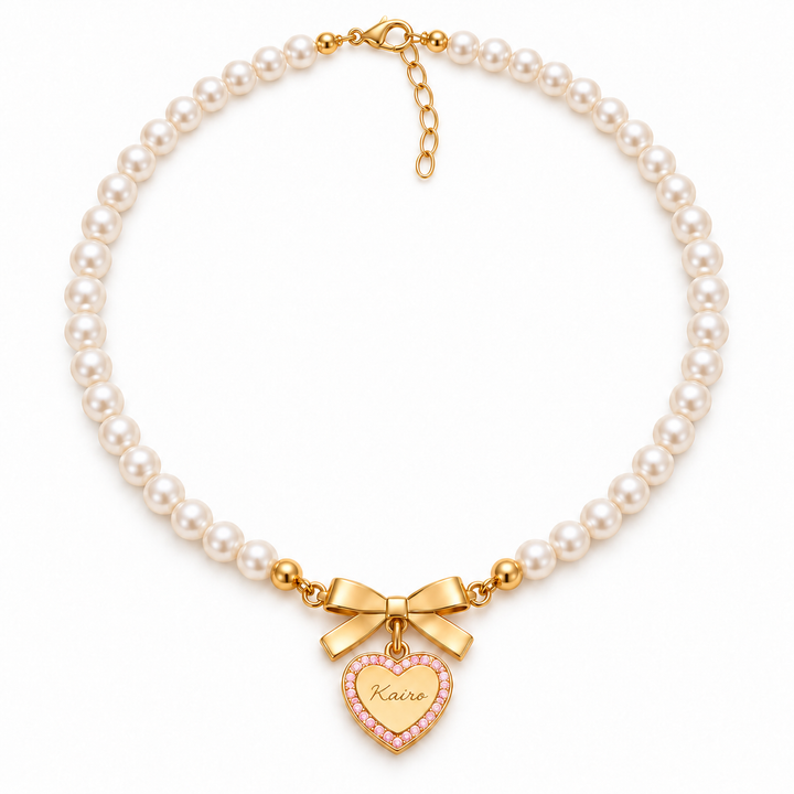 Girls’ Personalized Bow and Heart Pearl Name Necklace