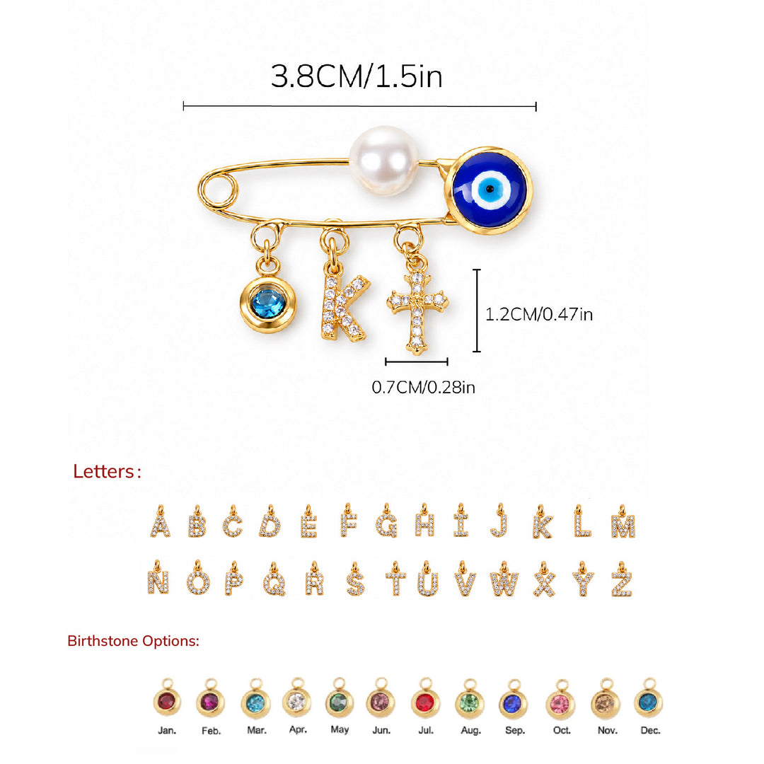 Personalized Baby Initial and Birthstone Evil Eye Brooch