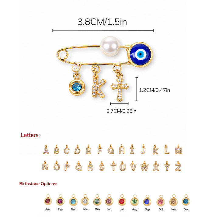 Personalized Baby Initial and Birthstone Evil Eye Brooch