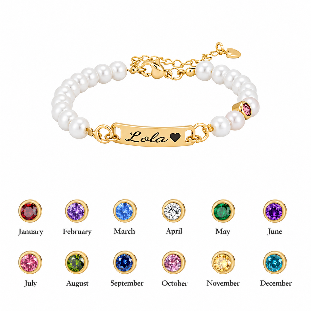 Bracelet de perles personnalisé avec nom de bébé et pierre de naissance