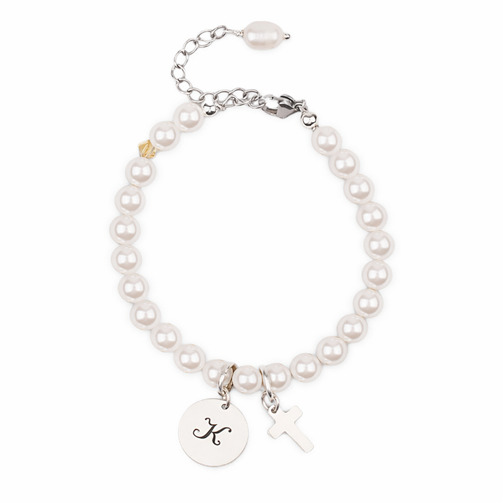 Bracelet personnalisé pour enfant avec croix et perles et initiale 