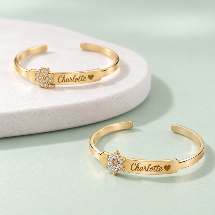 Personalized Crystal Charm Name Cuff Bracelet
