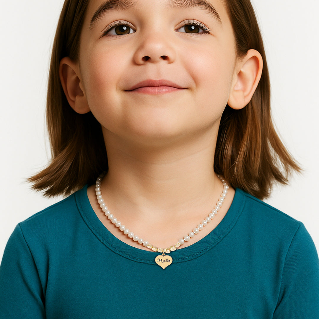 Personalized Girl's Name Heart Pearl Necklace