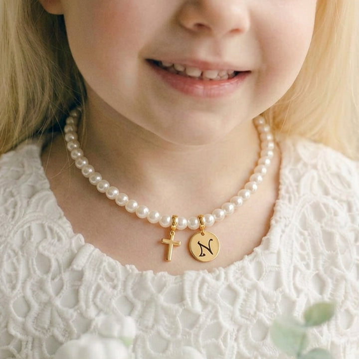 Personalized Girls Cross and Pearl Necklace with Initial