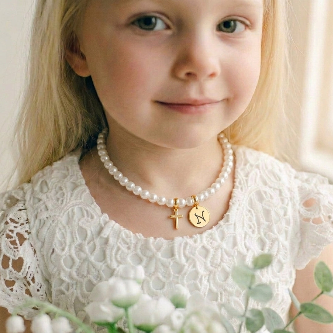 Personalized Girls Cross and Pearl Necklace with Initial