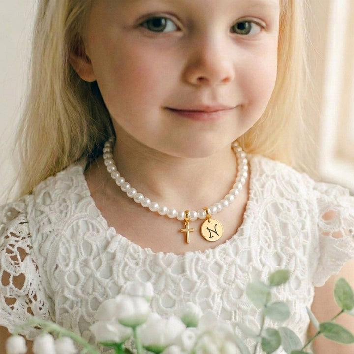 Personalized Girls Cross and Pearl Necklace with Initial