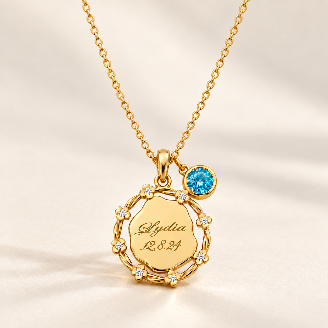 Personalized Girls Floral Name Birthstone Necklace